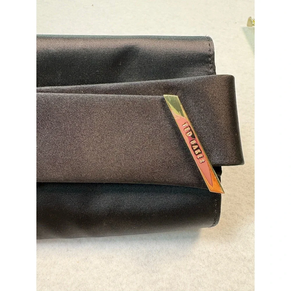 Ted Baker Black Satin Bow Clutch Bag Gold Logo Evening Formal Handbag